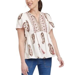NWT KNOX ROSE Women’s Size Medium Peasant Blouse White Floral Paisley Tassels